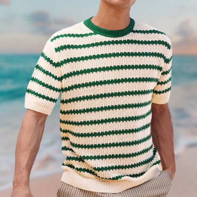 Resort Style Knitted Crew Neck Striped T-shirt