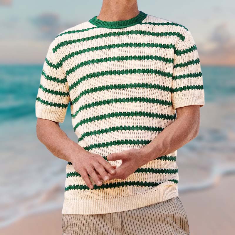 Resort Style Knitted Crew Neck Striped T-shirt