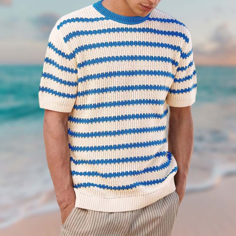 Resort Style Knitted Crew Neck Striped T-shirt