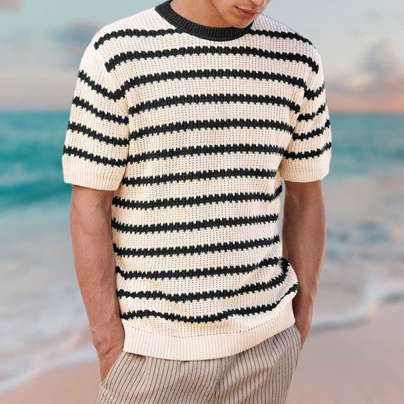 Resort Style Knitted Crew Neck Striped T-shirt