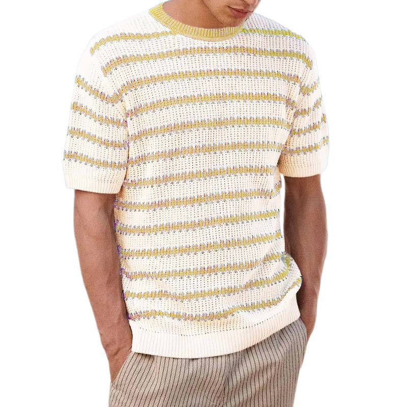 Resort Style Knitted Crew Neck Striped T-shirt