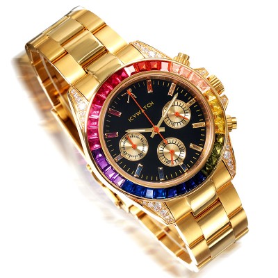 40mm Rainbow Iced Black Dial Watch in Gold