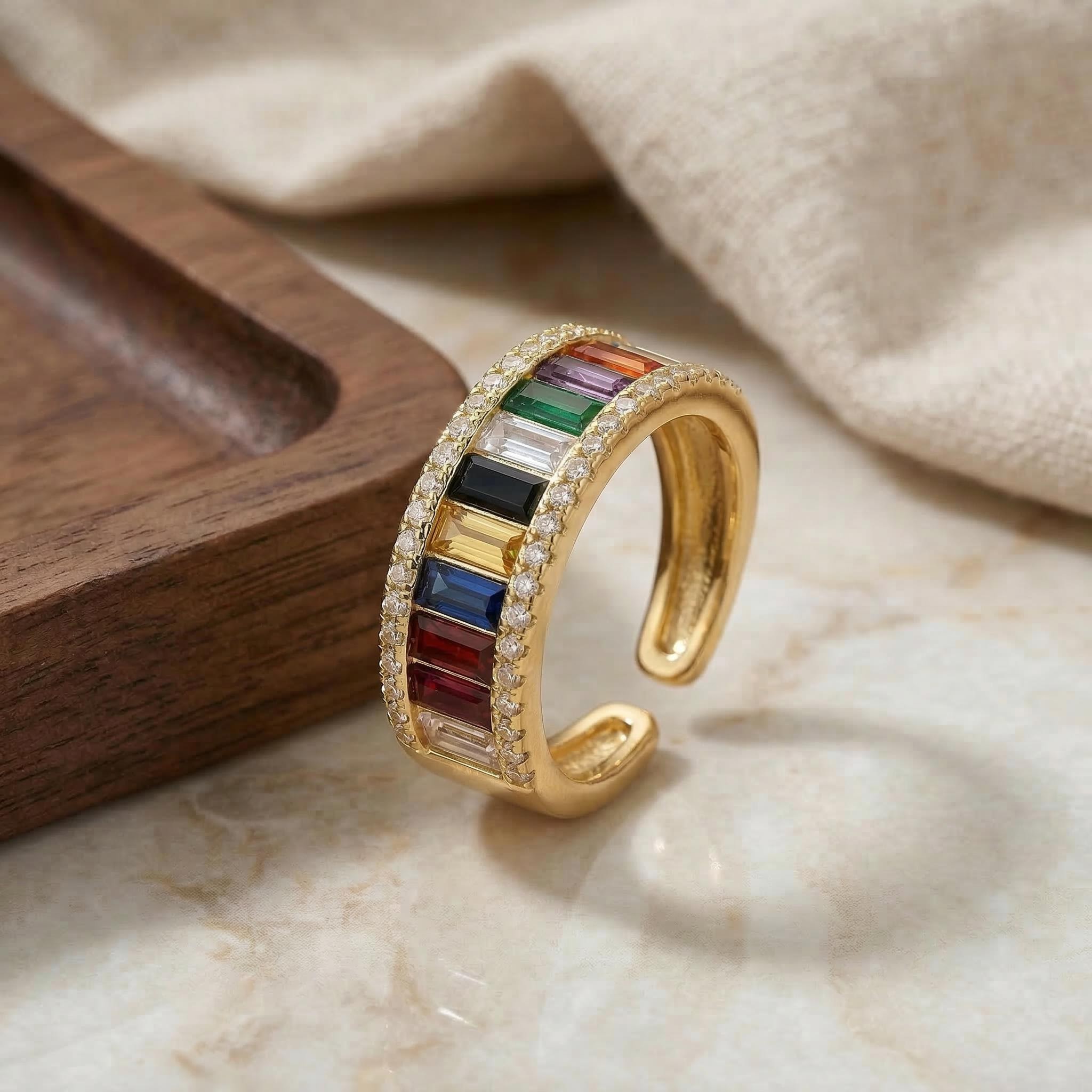 Baguette Multicolor Stone Open Ring
