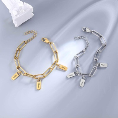 Engraved Name Plate Charms Paperclip Bracelet