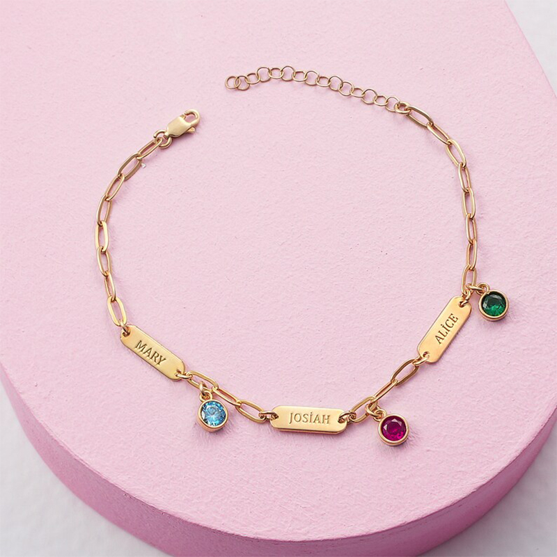 Birthstone & Name Bracelet With Paperclip Chain