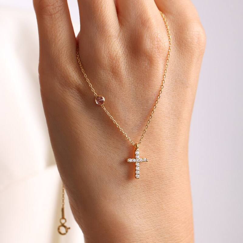 Personalized  Birthstone with Diamond Cross Necklace