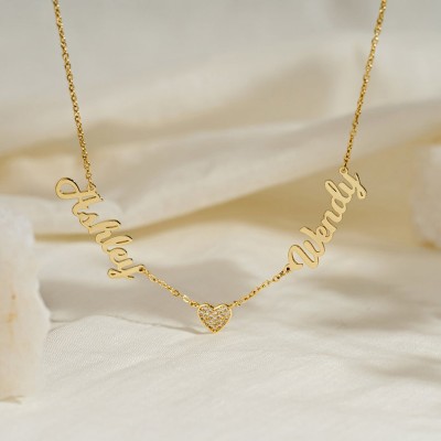 Two Names Necklace With Diamond Heart