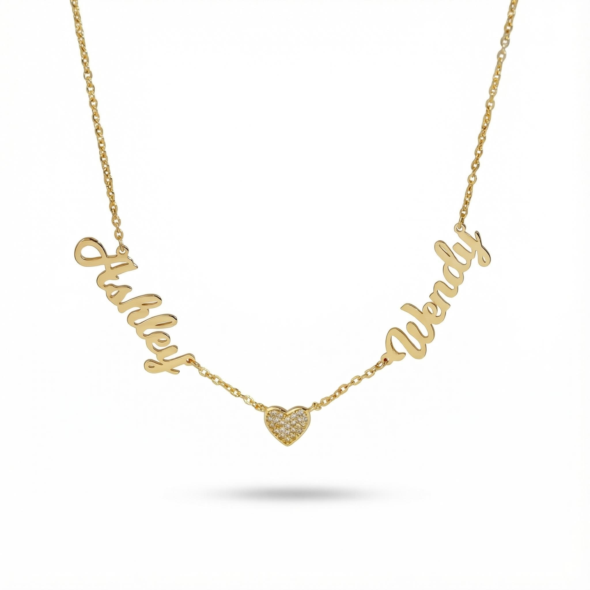 Two Names Necklace With Diamond Heart