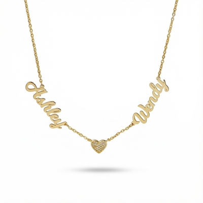 Two Names Necklace With Diamond Heart