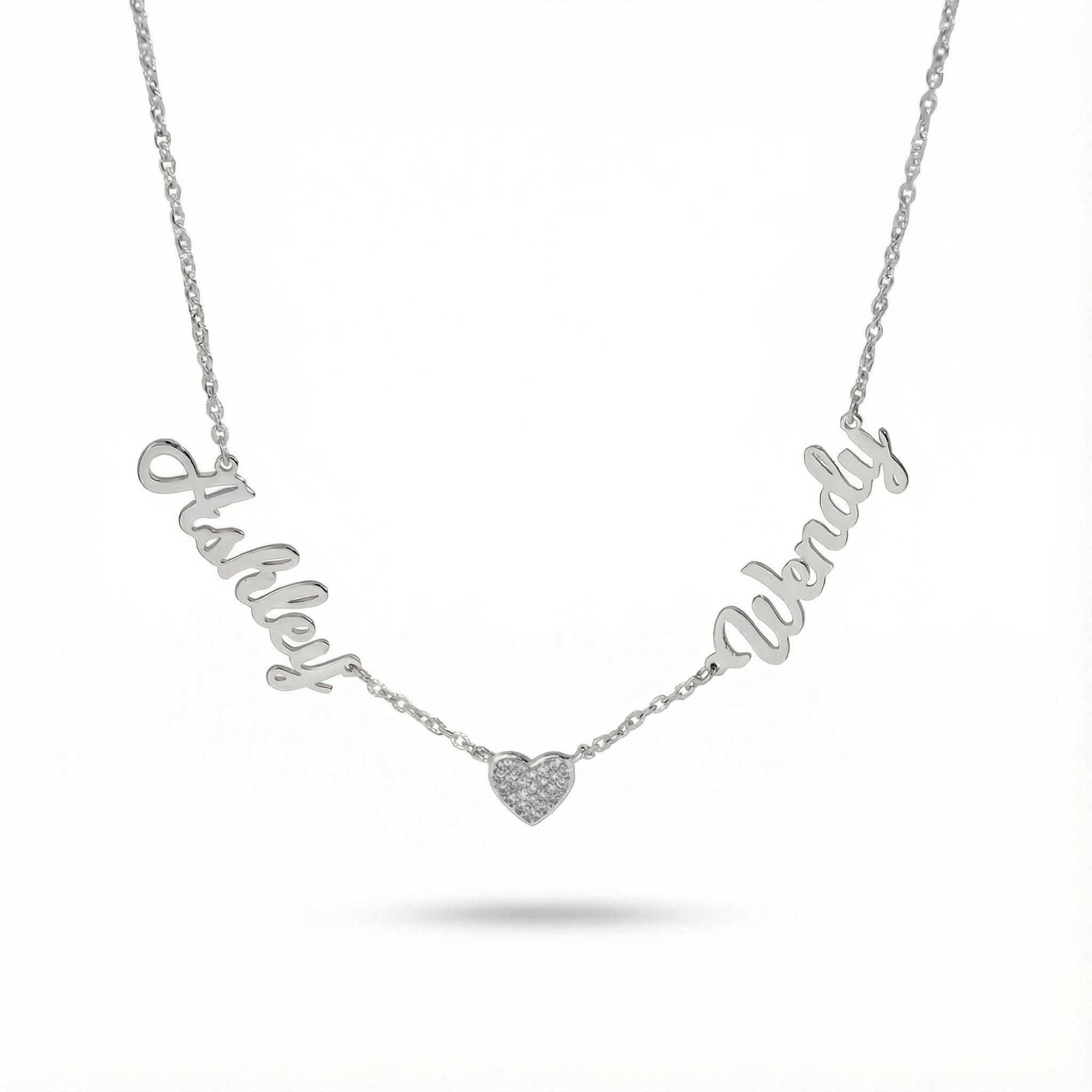 Two Names Necklace With Diamond Heart