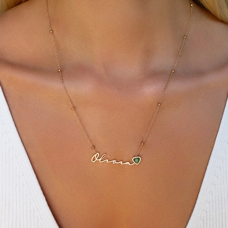 Custom Signature Name Necklace with Heart Birthstone Charm