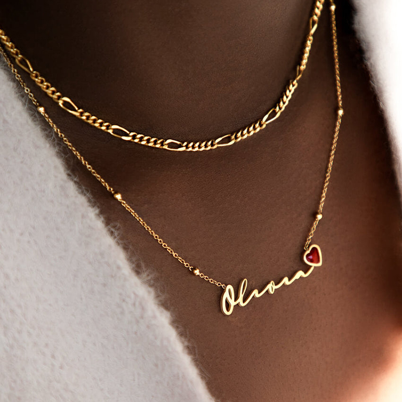 Custom Signature Name Necklace with Heart Birthstone Charm