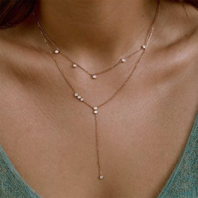 Distance Round Stone Lariat Sterling Silver Layered Necklace