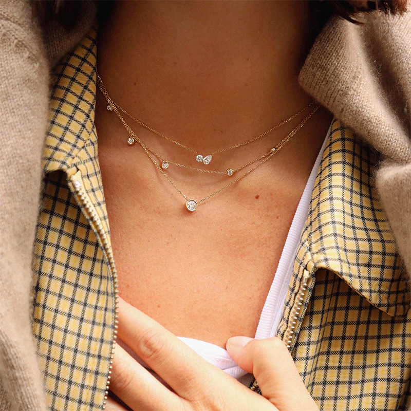 Brilliant Round Stone Asymmetrical Layered Necklace