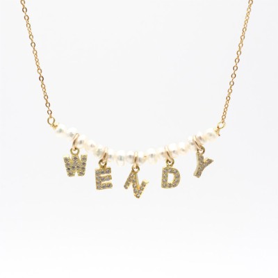 Pearl Bar Necklace With Diamond Letter Charms