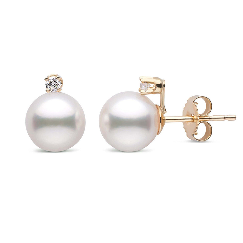 7mm Round Freshwater Pearl Diamond Stud Earrings