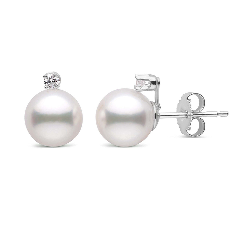 7mm Round Freshwater Pearl Diamond Stud Earrings