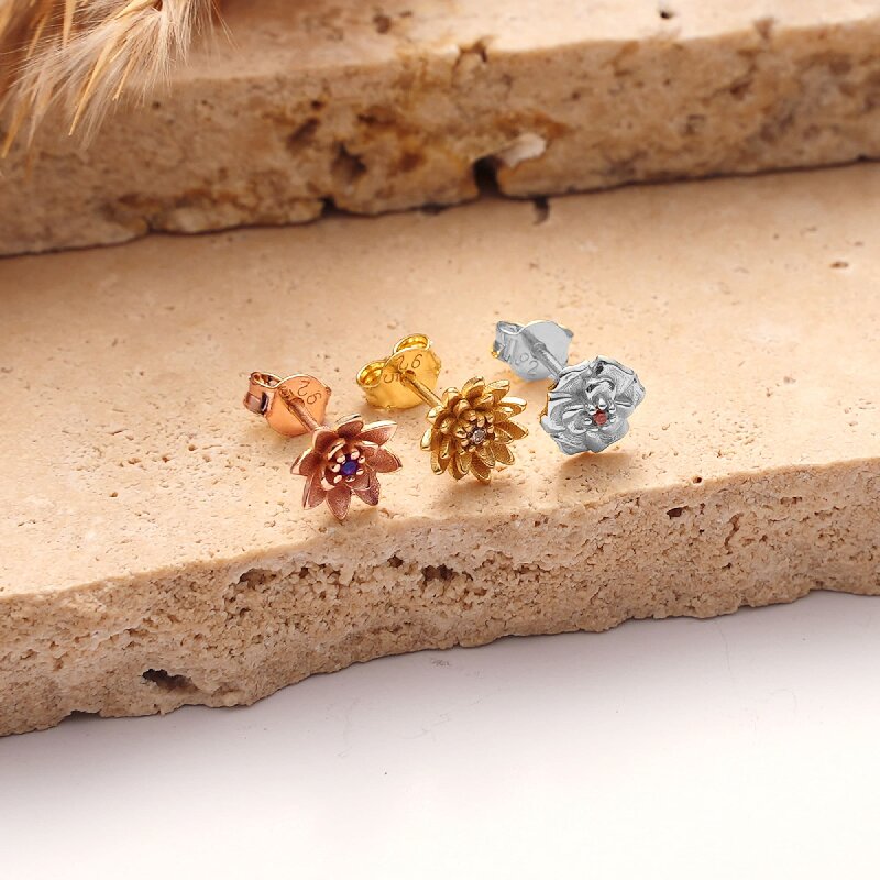 Personalized Birth Flower and Stone Stud Earrings