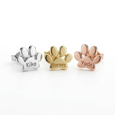 Engraved Paw Print Name Stud Earrings