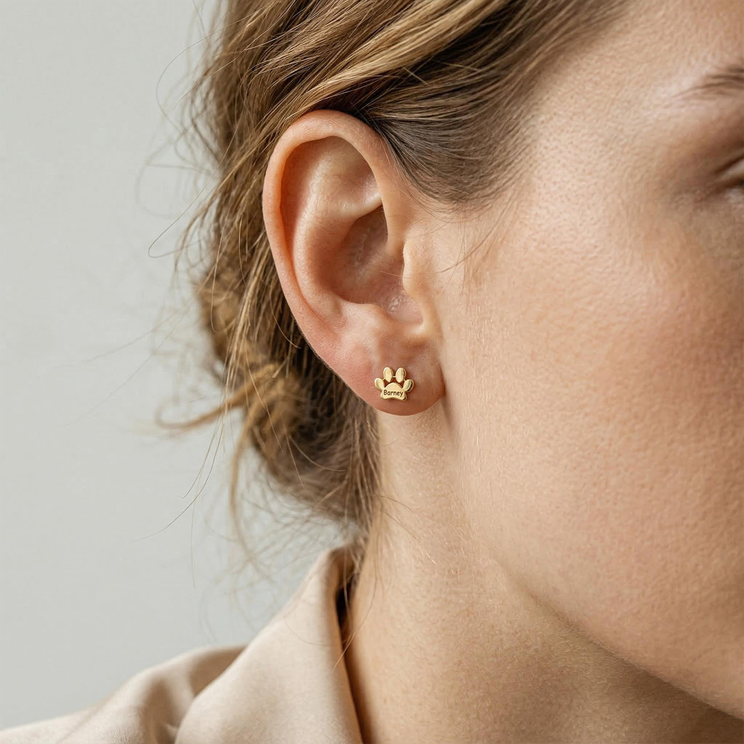 Engraved Paw Print Name Stud Earrings Engraved Paw Print Name Stud Earrings