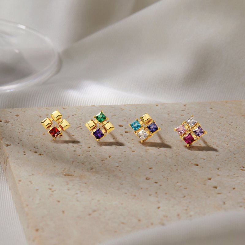 Custom Square Birthstone Stud Earrings