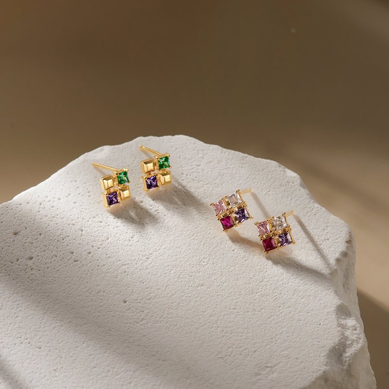 Custom Square Birthstone Stud Earrings