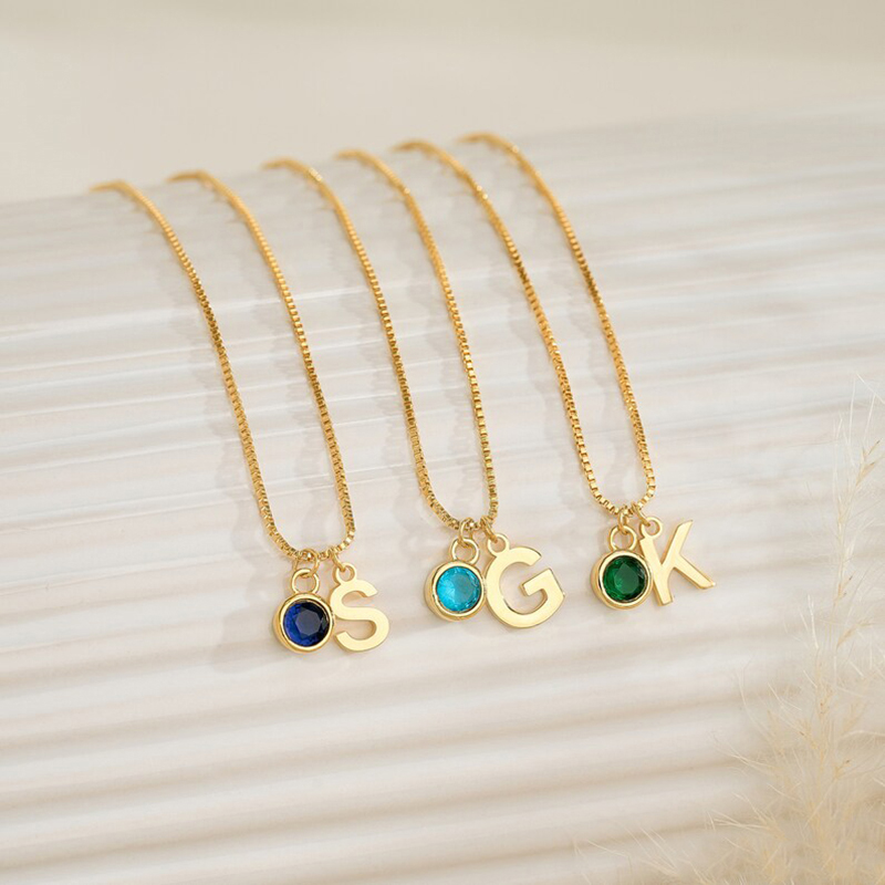 Personalized Initial Letters with Round Birthstone Charm Necklace