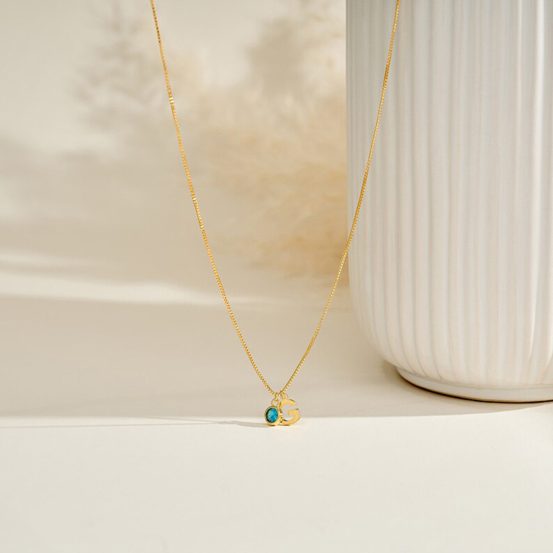 Personalized Initial Letters with Round Birthstone Charm Necklace