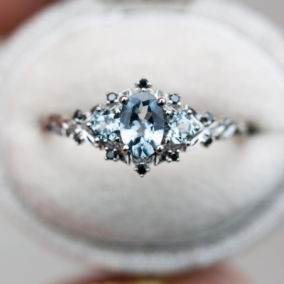 Three stones with Oval Cut Grey Stone Engagement Ring