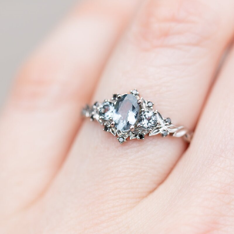 Three stones with Oval Cut Grey Stone Engagement Ring