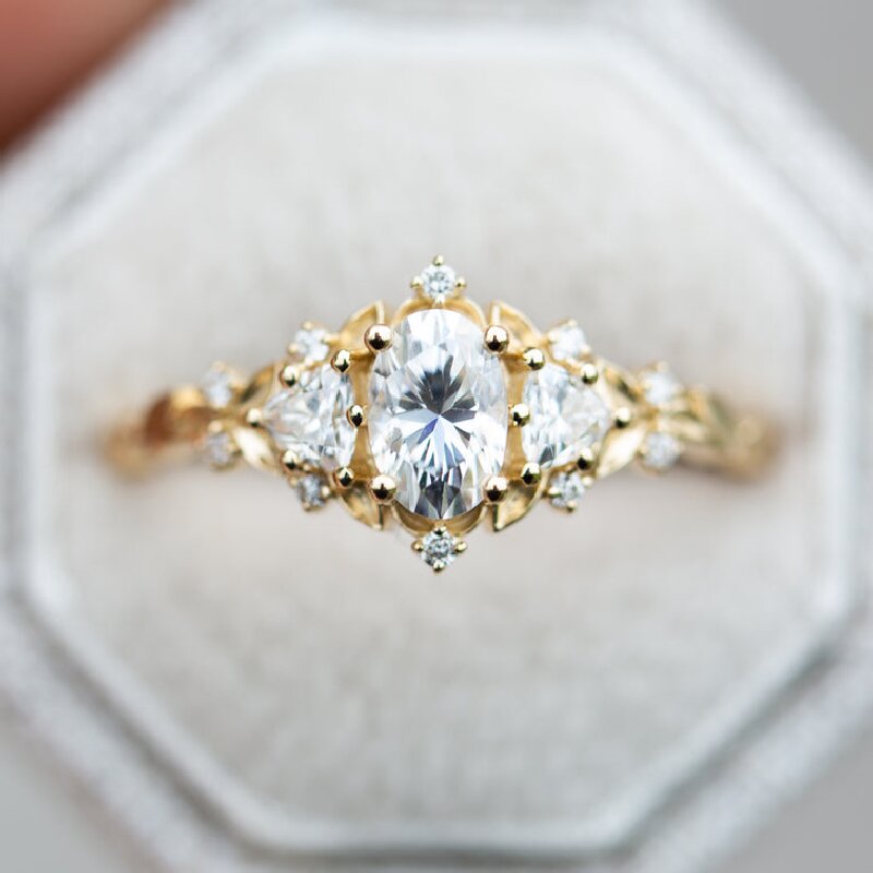 Three Stones with Oval and Triangle Cut Engagement Ring in Gold