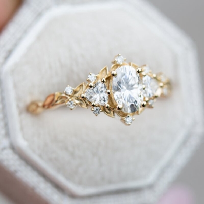 Three Stones with Oval and Triangle Cut Engagement Ring in Gold