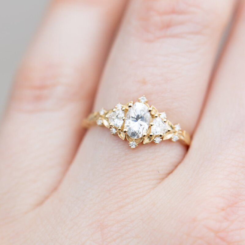 Three Stones with Oval and Triangle Cut Engagement Ring in Gold