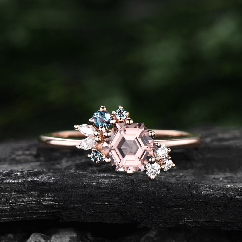 Vintage Hexagon Cut Morganite Pink Cluster Engagement Ring