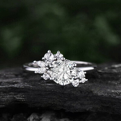 1.23CT Round & Marquise Cut VVS Moissante S925 Silver Engagement Ring