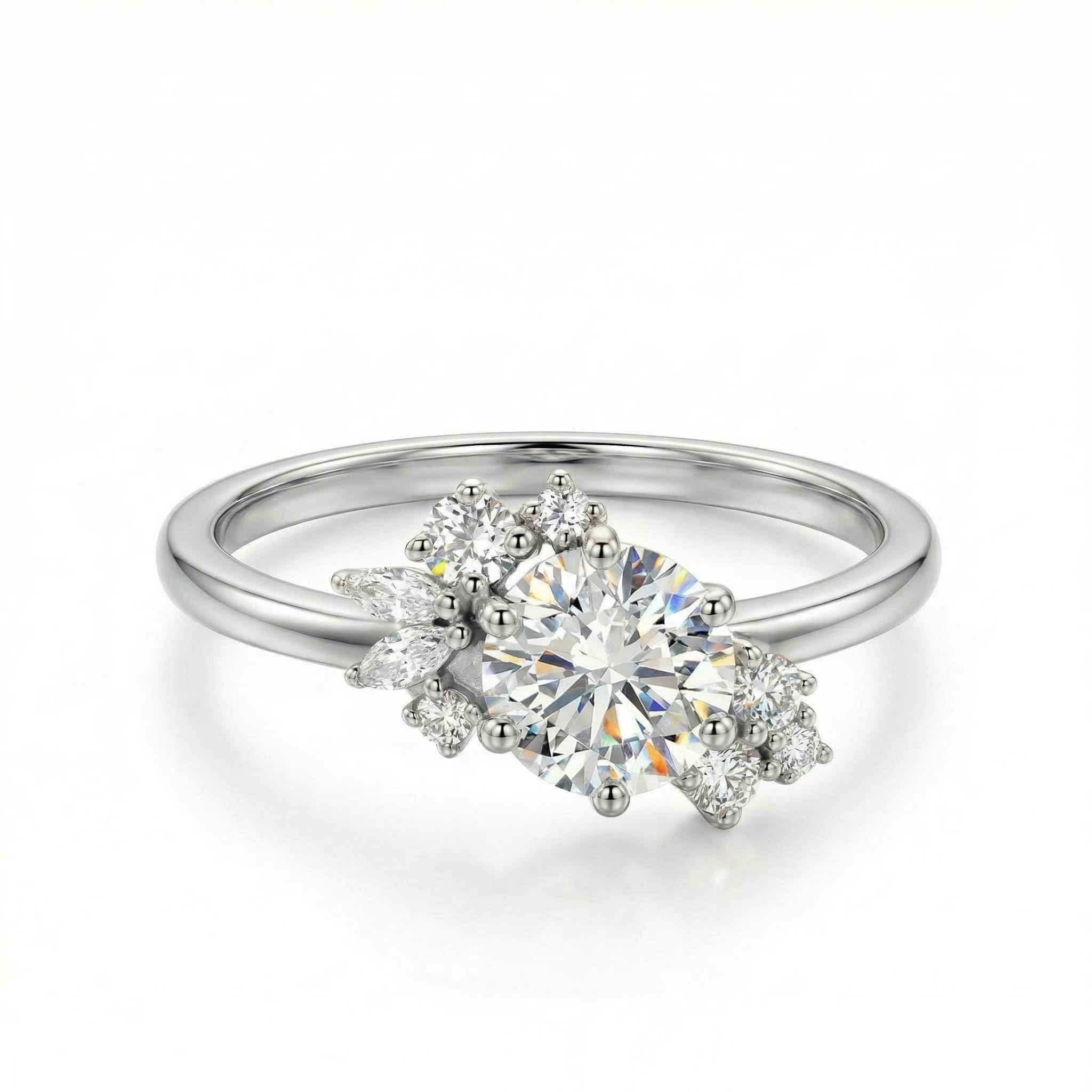 1.23CT Round & Marquise Cut VVS Moissanite S925 Silver Engagement Ring