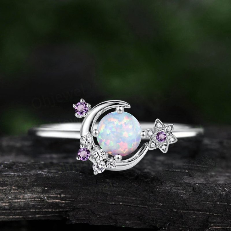 Moon and Star Opal Stone Engagement Ring