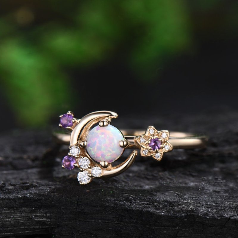 Moon and Star Opal Stone Engagement Ring