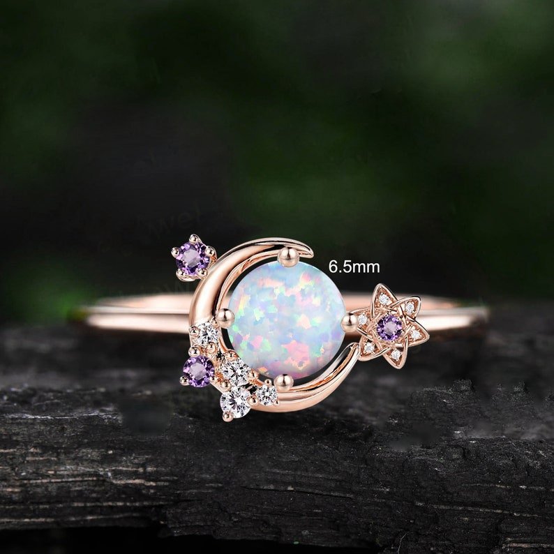 Moon and Star Opal Stone Engagement Ring