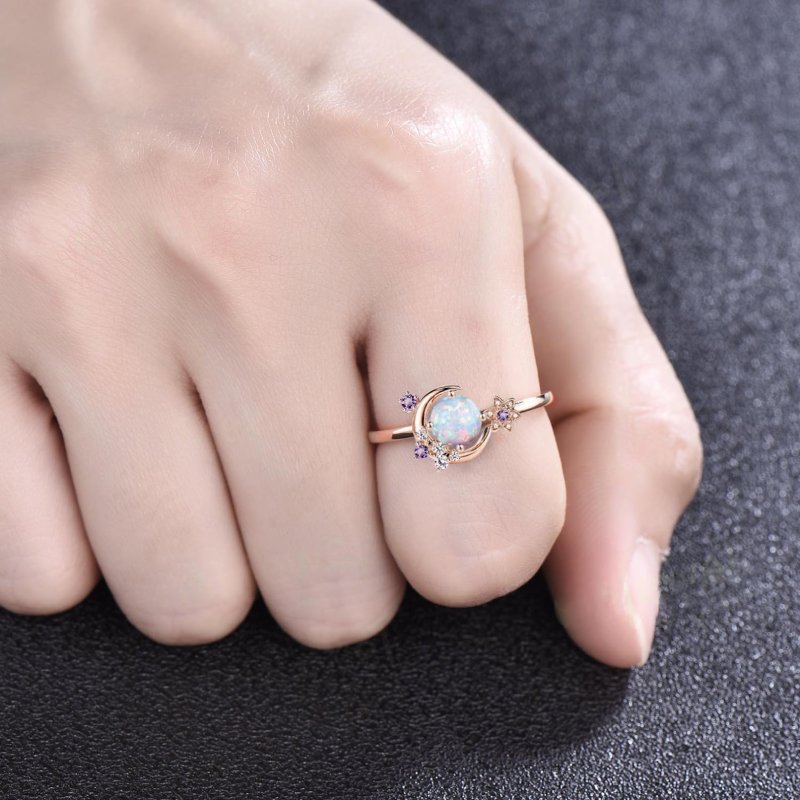 Moon and Star Opal Stone Engagement Ring