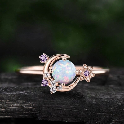 Moon and Star Opal Stone Engagement Ring