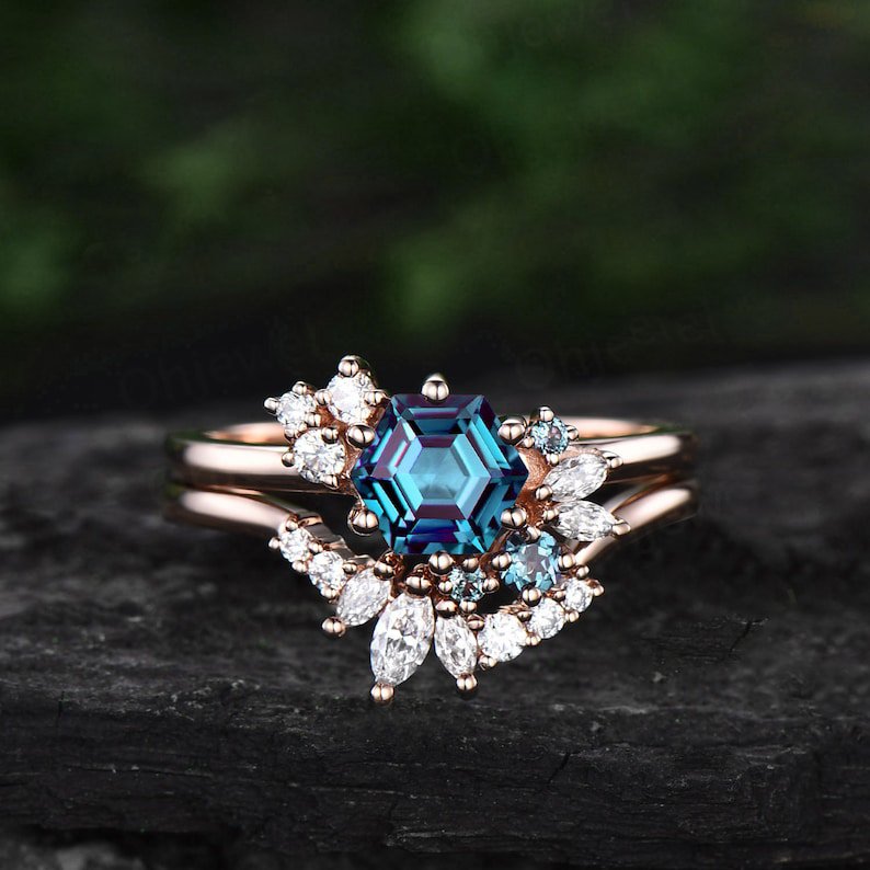 Vintage Alexandrite  Hexagon Cut Cluster Weeding Ring Set