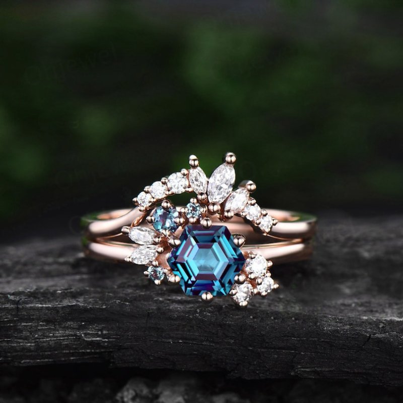 Vintage Alexandrite  Hexagon Cut Cluster Weeding Ring Set