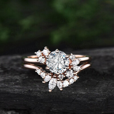 1.45CT Round & Marquise Cut VVS Moissante S925 Silver Engagement Ring Set
