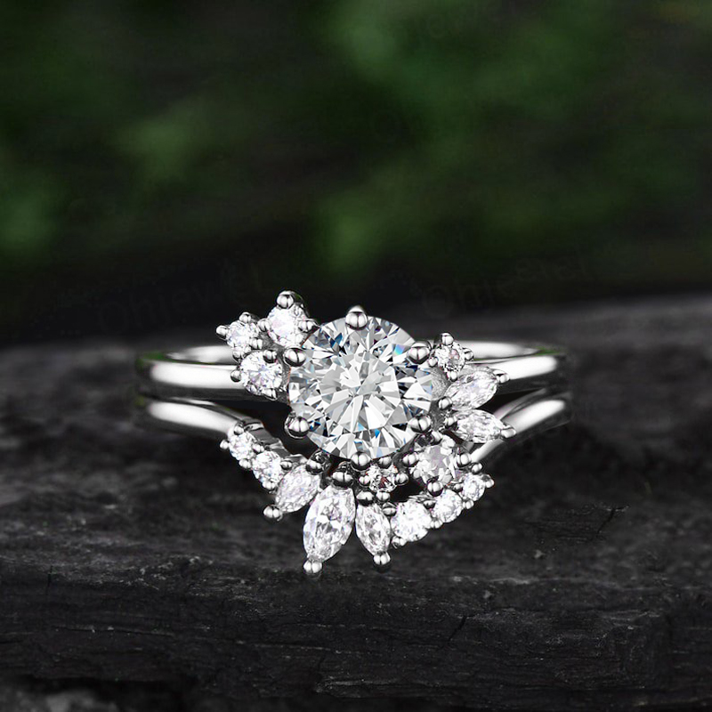 1.45CT Round & Marquise Cut VVS Moissanite S925 Silver Engagement Ring Set