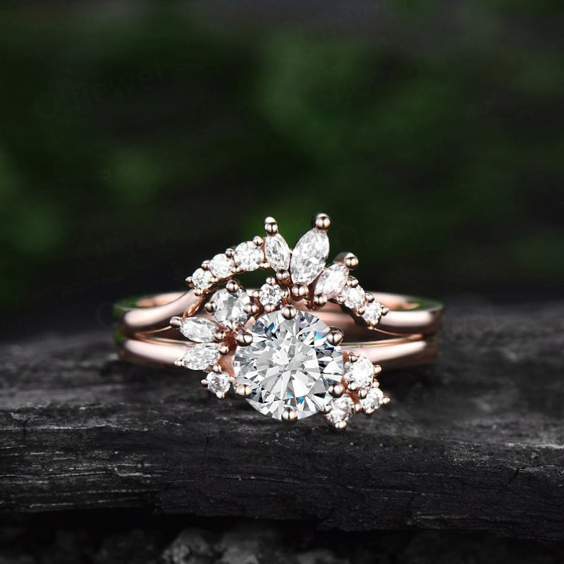 1.45CT Round & Marquise Cut VVS Moissanite S925 Silver Engagement Ring Set
