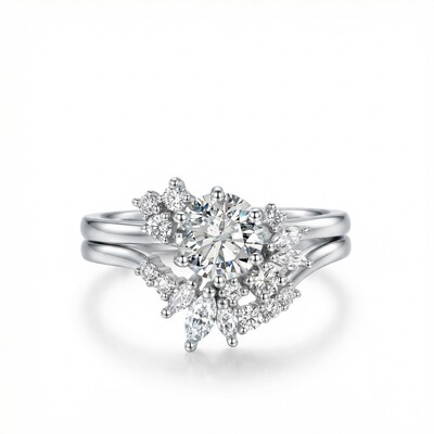 1.45CT Round & Marquise Cut VVS Moissanite S925 Silver Engagement Ring Set