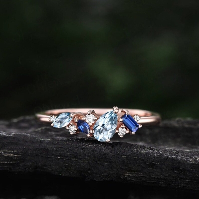 Cluster Aquamarine Pear Cut and Sapphire Baguette Cut Ring