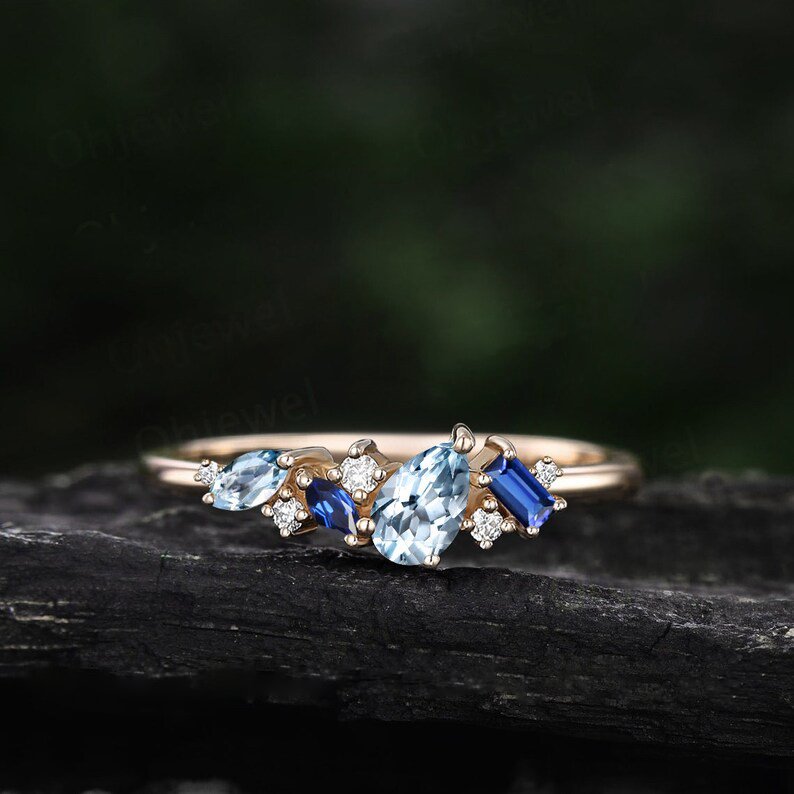 Cluster Aquamarine Pear Cut and Sapphire Baguette Cut Ring