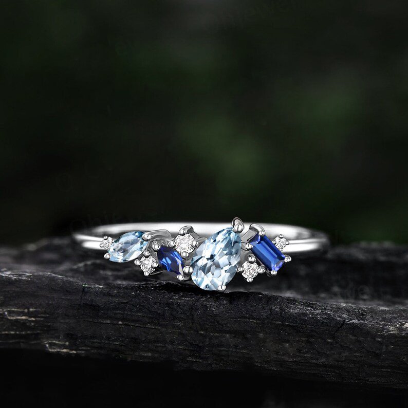 Cluster Aquamarine Pear Cut and Sapphire Baguette Cut Ring